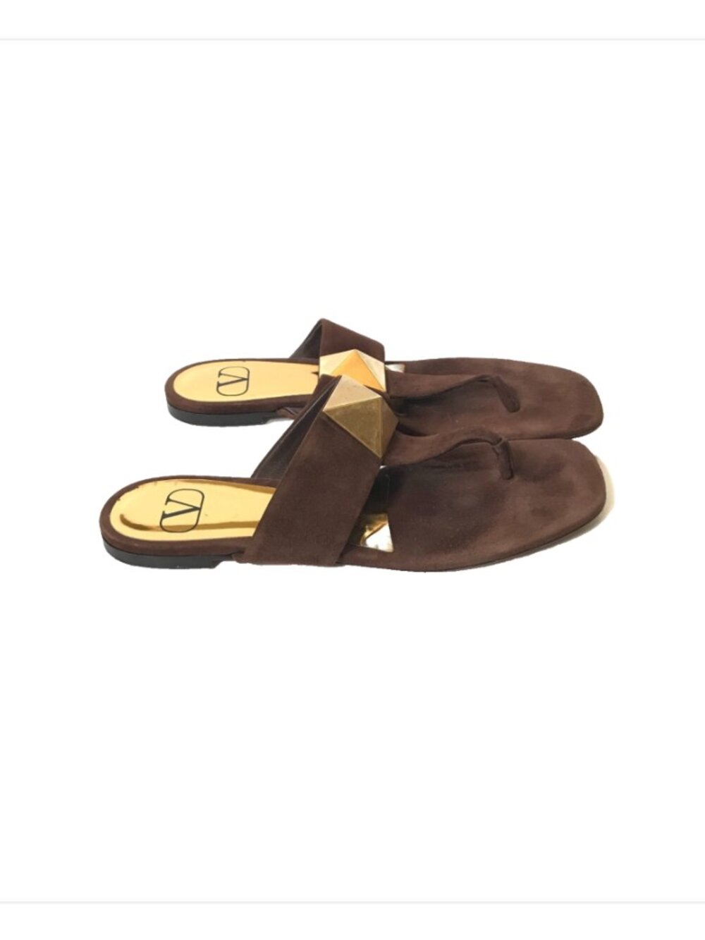 Valentino Garavani One Stud Flat Thong Sandals Womens 39.5 9 Brown Suede Gold - Picture 2 of 11